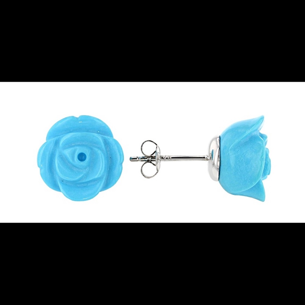 Sleeping Beauty Turquoise, Carved Rose, 10k White Gold Stud Earrings